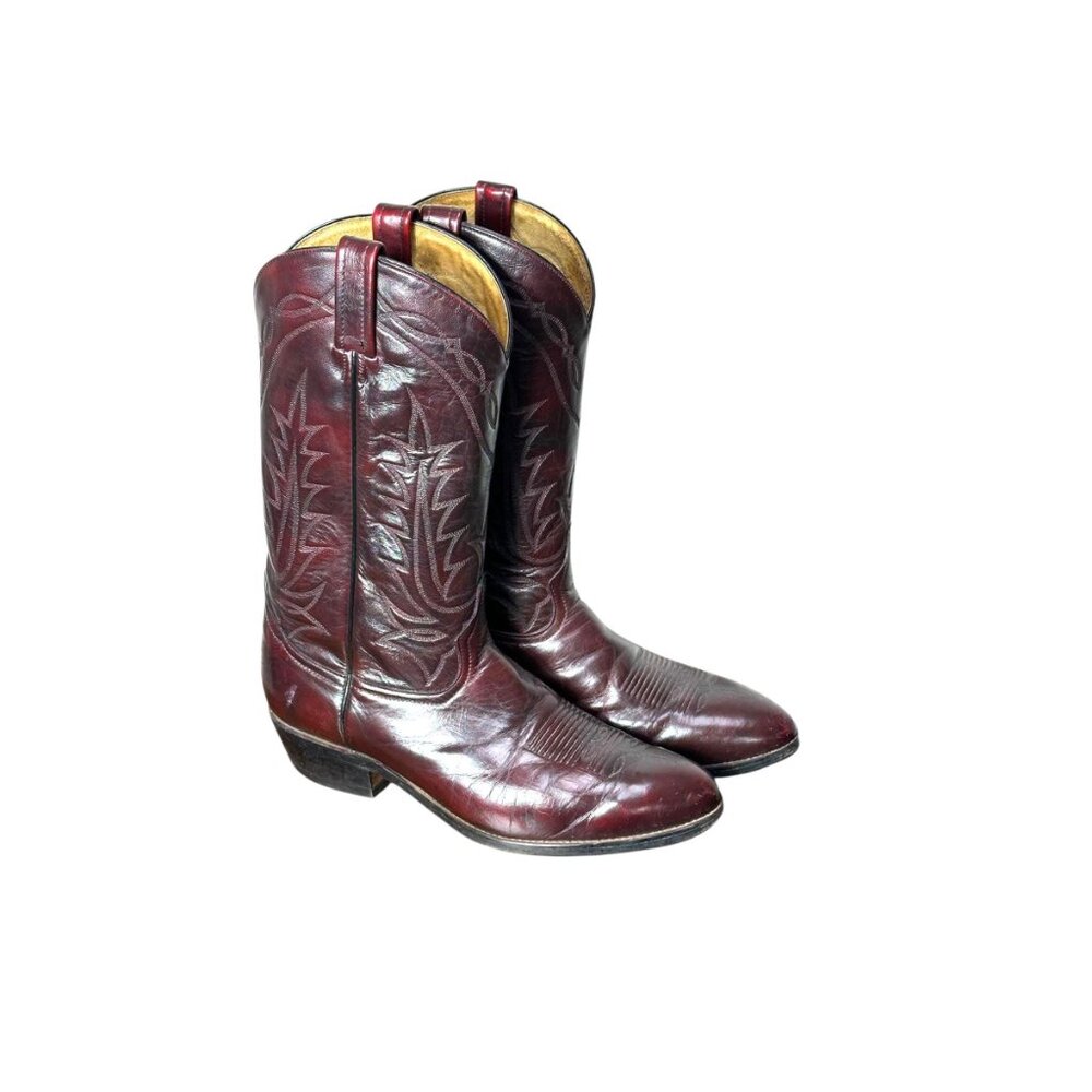 Vintage Tony Lama cowboy boots in dark cherry leather with flame stitching Made - Picture 4 of 9